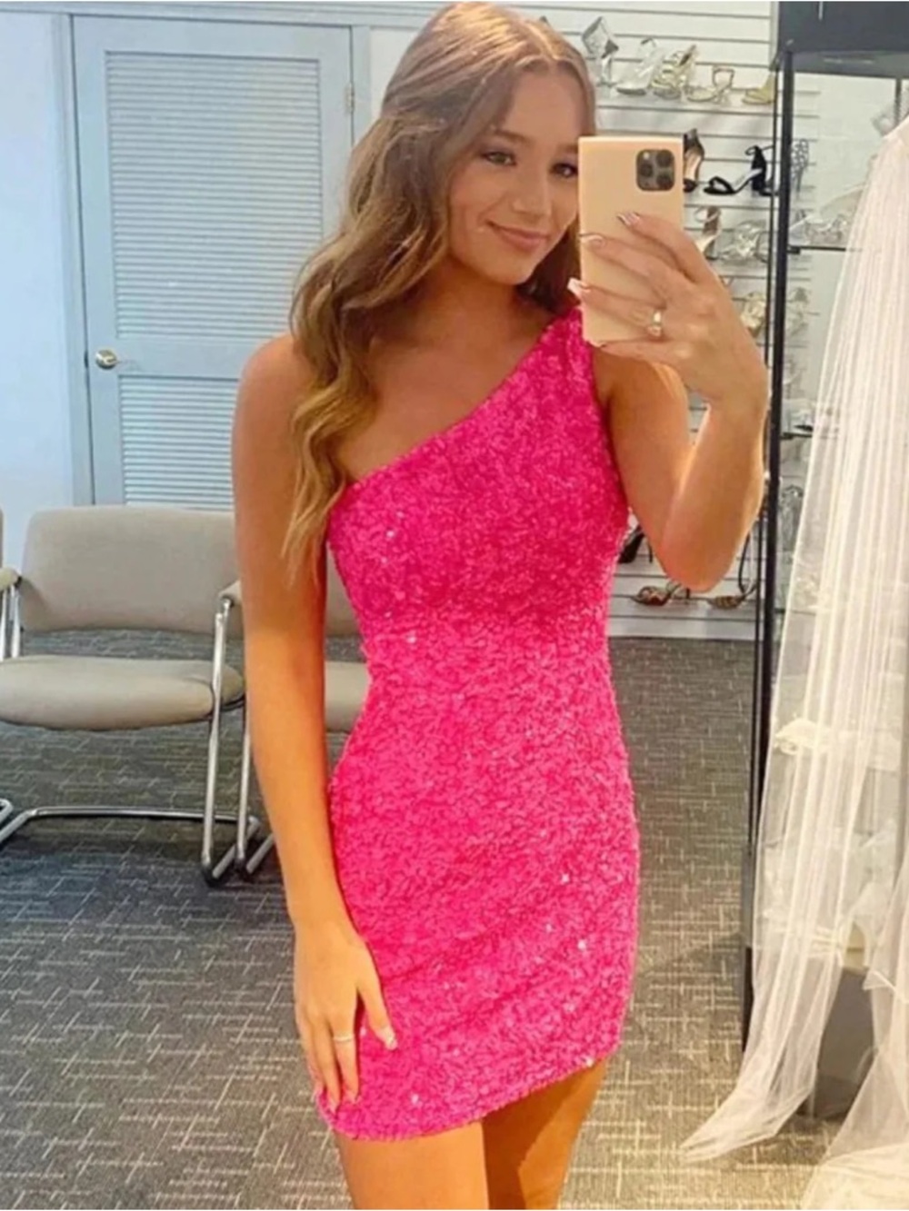 One-Shoulder Hot Pink Sequin Mini Dress